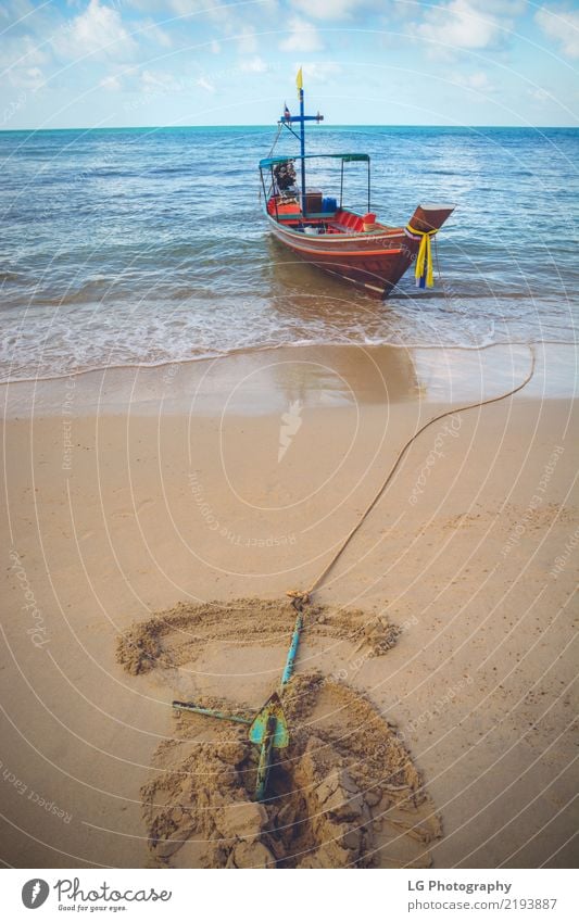 A boat is anchored at Bottle Beach Beautiful Relaxation Vacation & Travel Sun Ocean Rope Sand Transport Watercraft Discover Maritime Warmth Blue Brown Adventure