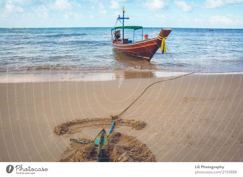 A boat is anchored at Bottle Beach Beautiful Relaxation Vacation & Travel Sun Ocean Rope Sand Transport Watercraft Adventure Exotic Idyll dug tied peaceful
