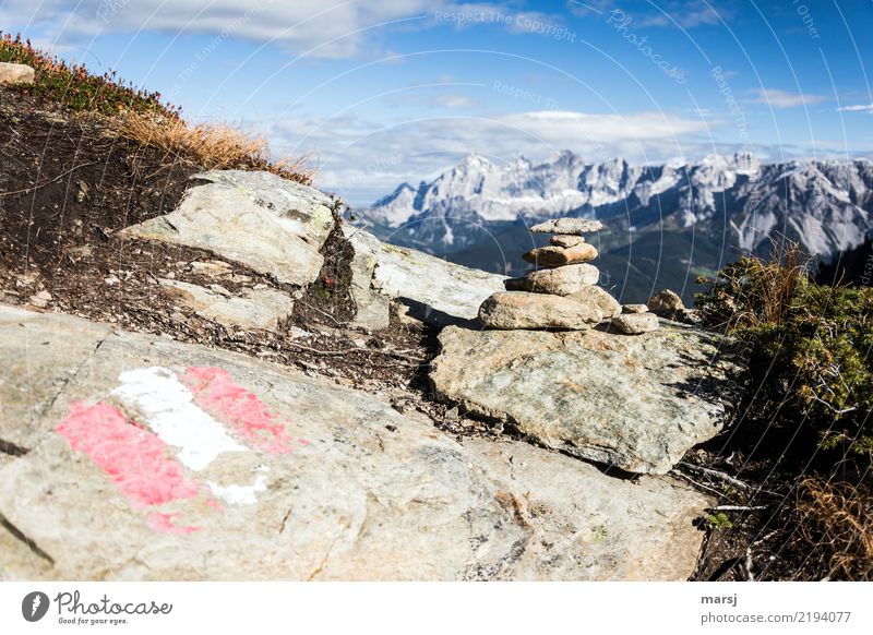 wandering autumn Contentment Meditation Mountain Hiking Sky Autumn Beautiful weather Rock Alps Dachstein equestrian Peak Cairn Road marking Red-white-red Stone