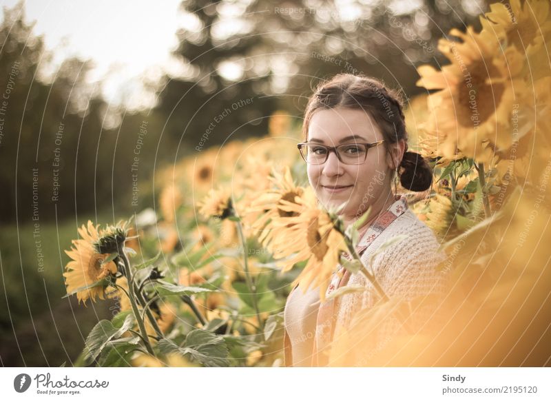 Sunflower5 Human being Feminine Girl Young woman Youth (Young adults) 1 13 - 18 years Nature Plant Leaf Blossom Sunflower field Field Eyeglasses Brunette Braids