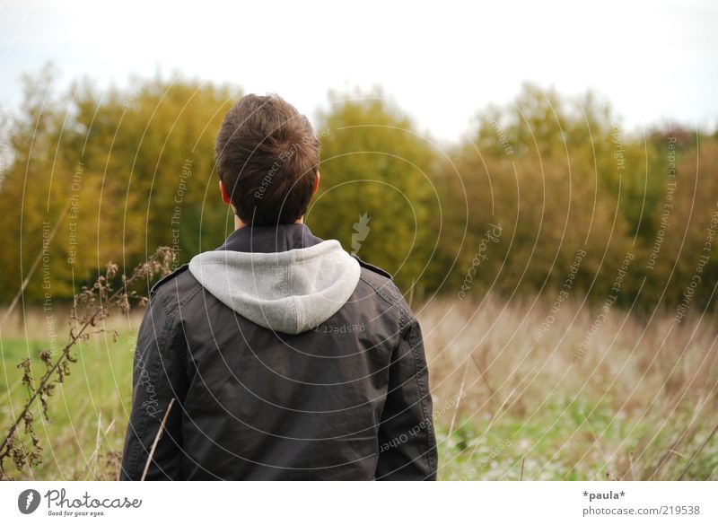 watch out... Human being Masculine Young man Youth (Young adults) Head Hair and hairstyles Back 1 18 - 30 years Adults Landscape Sky Autumn Bushes Jacket