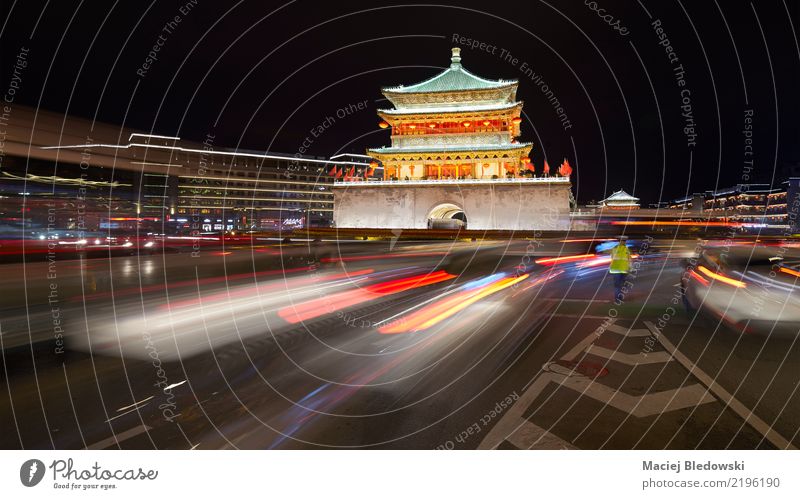 Xian bell tower at night, China. Sightseeing City trip Town Palace Tower Building Architecture Landmark Transport Street Lanes & trails Road junction Authentic