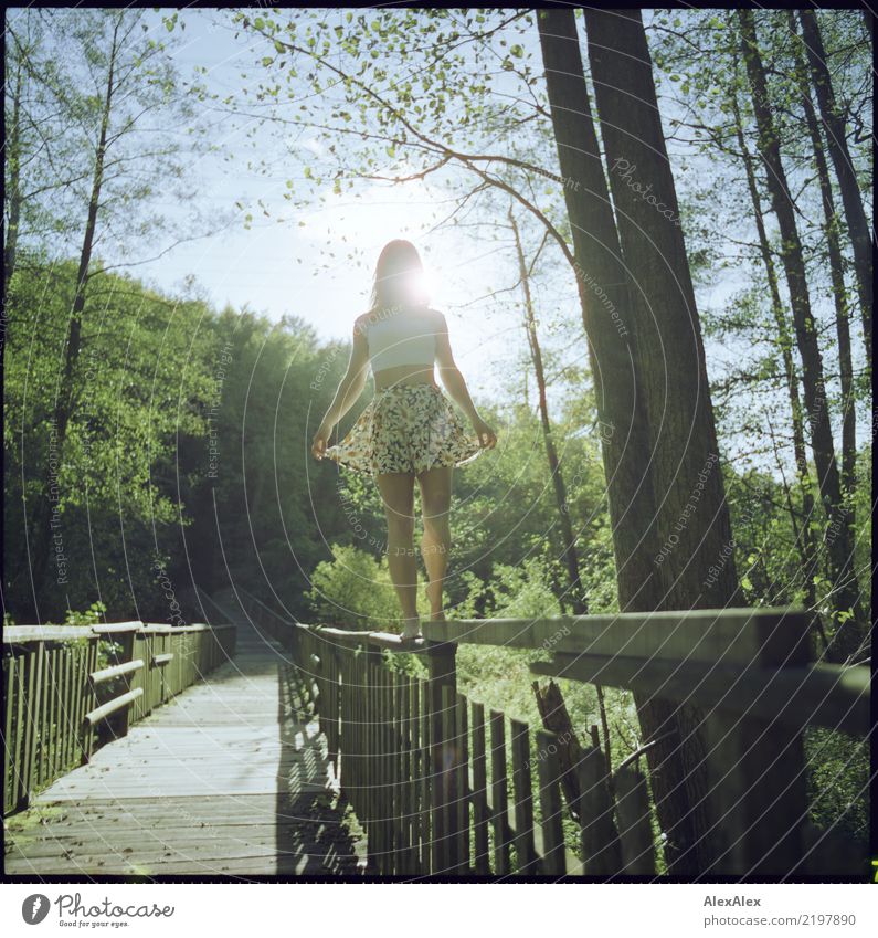 cross-country Life Trip Adventure Young woman Youth (Young adults) Legs 18 - 30 years Adults Landscape Summer Beautiful weather Tree Forest Wooden bridge