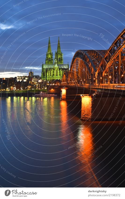 Cologne Panorama at Evening Time with Cologne Cathedral Landscape Water Sky Night sky Sunrise Sunset River bank Rhine Cologne-Deutz Town Federal eagle Germany