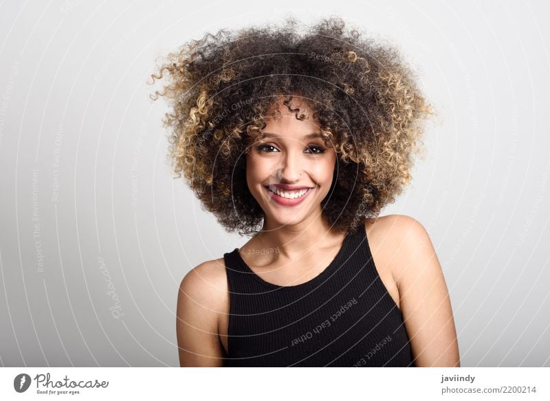 Young black woman with afro hairstyle smiling. Style Happy Beautiful Hair and hairstyles Face Human being Feminine Young woman Youth (Young adults) Woman Adults