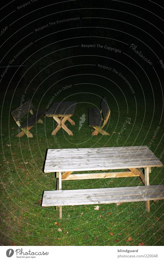 fade to black Garden Furniture Chair Table Grass Wood Dark Sharp-edged Brown Green Black Fear Colour photo Experimental Deserted Night Flash photo Seating