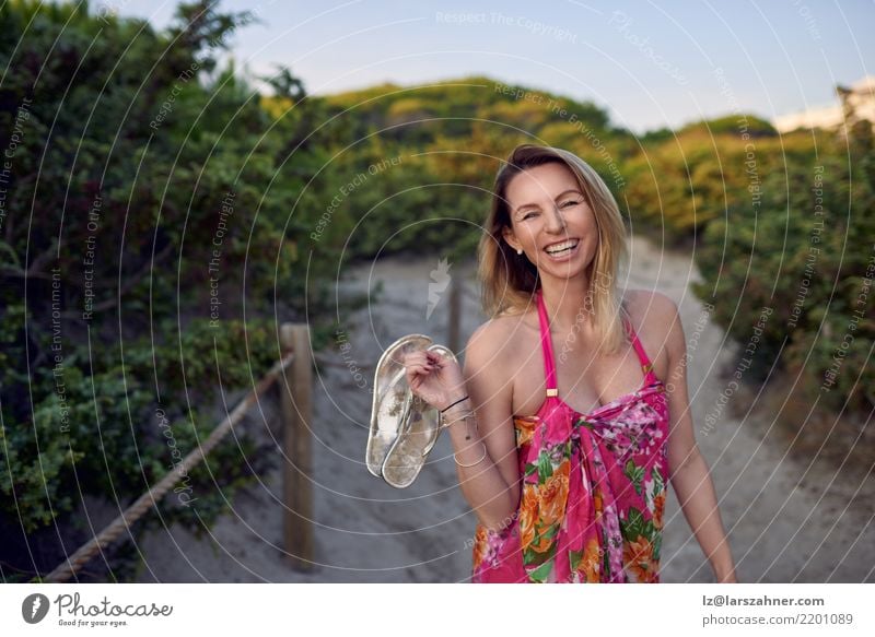 Laughing happy vivacious woman on vacation Happy Vacation & Travel Tourism Summer Beach Woman Adults 1 Human being 30 - 45 years Lanes & trails Bikini Footwear