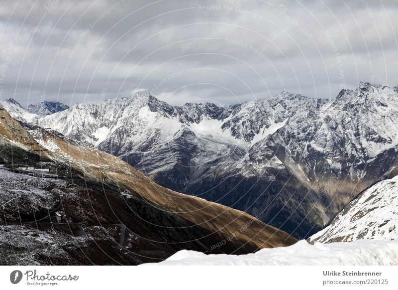 View of the Ötztal mountains from the Rettenbach glacier Mountain Alps Peak Snow Virgin snow Tall Steep Mountain ridge Ötz Valley Austria Alpine pasture