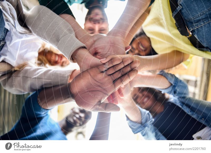 Close up view of young people putting their hands together. Academic studies Human being Woman Adults Man Friendship Hand Group Suit Together Black White Power