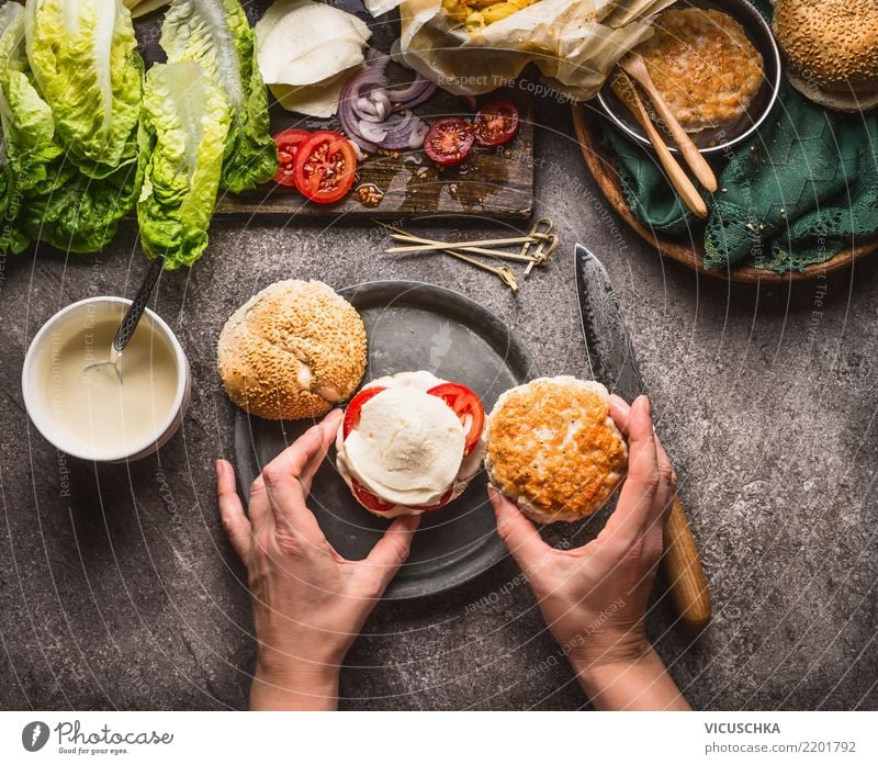 Female hands make burgers Food Meat Vegetable Nutrition Fast food Crockery Style Design Living or residing Table Kitchen Restaurant Feminine Hand
