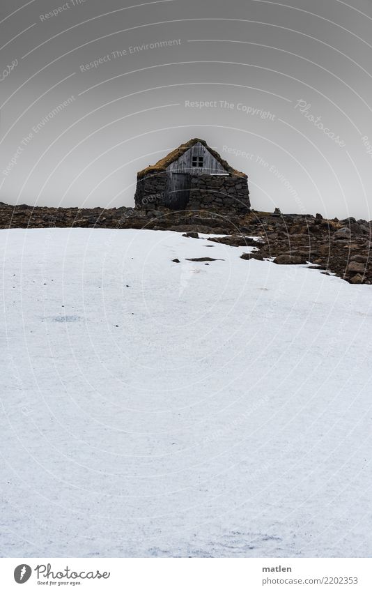 hut magic Nature Landscape Sky Clouds Horizon Spring Bad weather Wind Fog Rain Ice Frost Rock Deserted Hut Dark Cold Brown Gray White Iceland Westfjord refuge