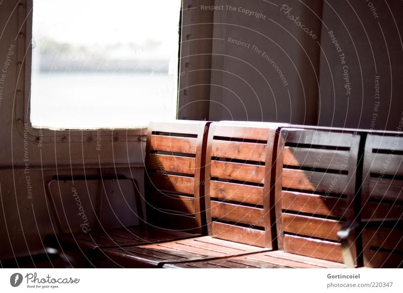 on the ferry Navigation Ferry On board Brown Seating Bench Colour photo Light Shadow Sunlight Wood Wooden bench Deserted Blur Day