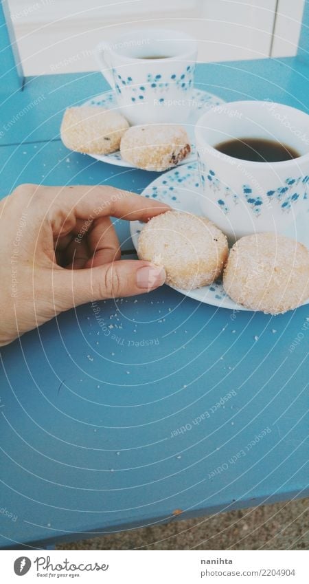 Teacups and traditional shortbread Food Dough Baked goods Candy Nutrition Eating Breakfast To have a coffee Beverage Hot drink Coffee Crockery Plate Mug Touch