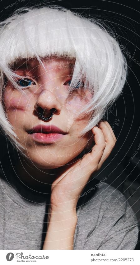 Mysterious young woman with white hair Beautiful Hair and hairstyles Skin Face Make-up Human being Feminine Androgynous Young woman Youth (Young adults) 1