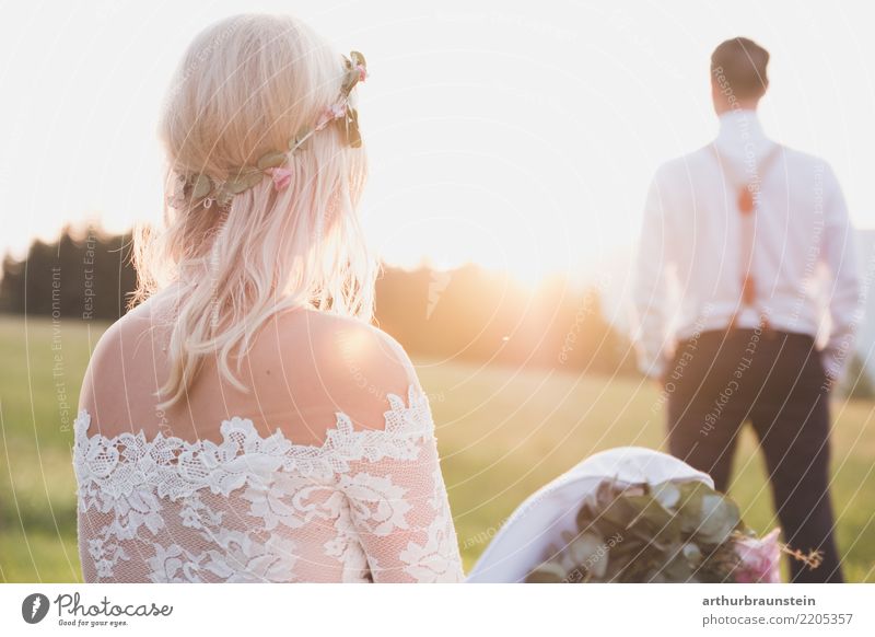 Wedding couple enjoying the evening sun Style Beautiful Hair and hairstyles Garden Human being Masculine Feminine Young woman Youth (Young adults) Young man
