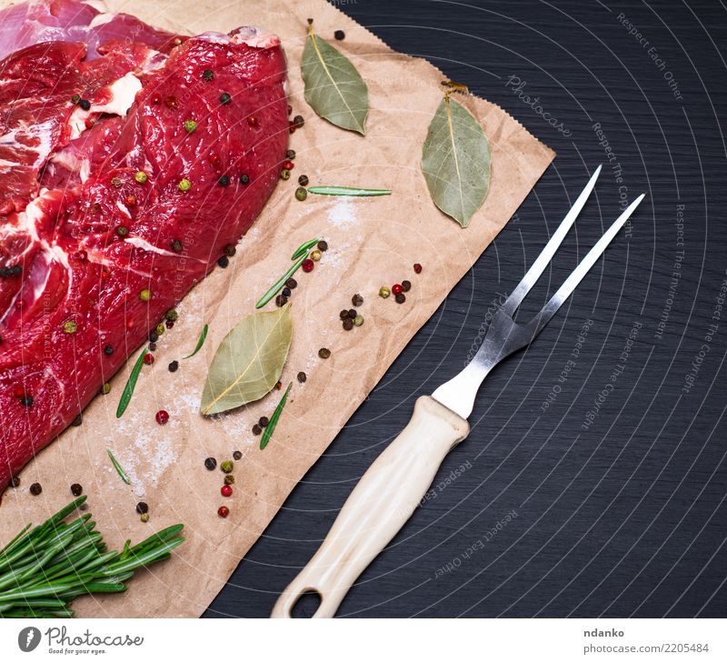 raw beef tenderloin Food Meat Herbs and spices Dinner Cutlery Fork Table Kitchen Paper Wood Eating Fresh Natural Green Red Black background Beef Blood board