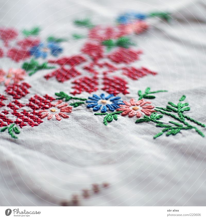 Flower tablecloth Embroidery Linen cloth Old Kitsch Beautiful Blue Green Red White Noble Decoration Handcrafts Nostalgia Former Past Design Memory Colour photo