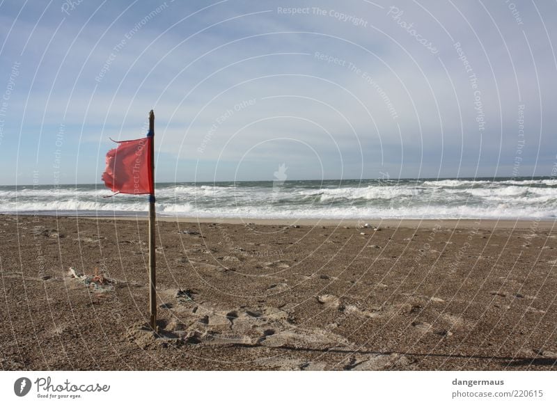 Red Flag Beach Ocean Sandy beach Nature Landscape Water Clouds Horizon Beautiful weather Wind Waves Coast North Sea Wanderlust Exterior shot Copy Space right