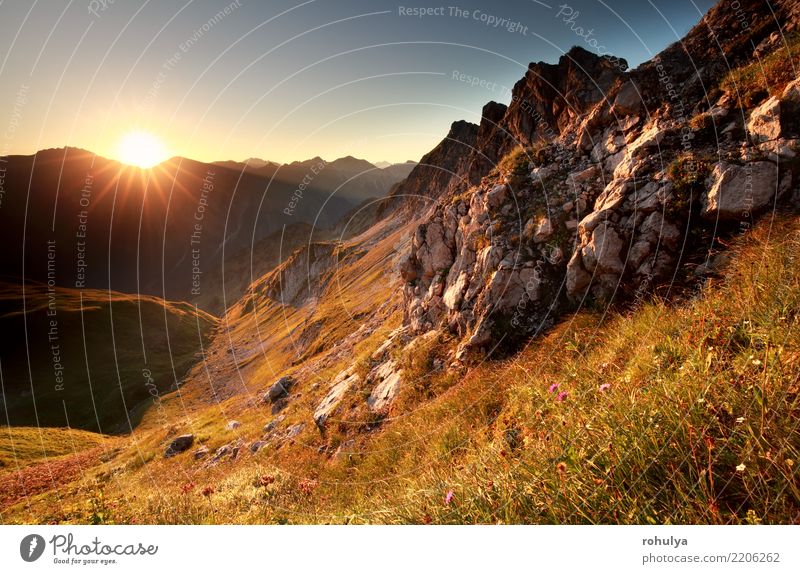 gold sunrise in mountains during summer Vacation & Travel Adventure Summer Sun Mountain Nature Landscape Sky Meadow Rock Alps River Stone Blue Serene star