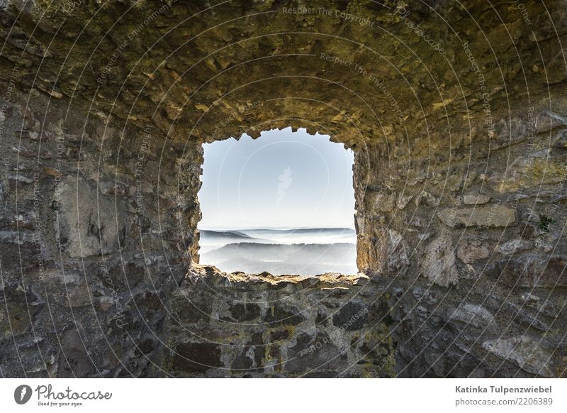 Castle window with view of fog fields at Lake Constance (wide angle) Design Vacation & Travel Architecture Nature Landscape Sky Fog Ruin Wall (barrier)