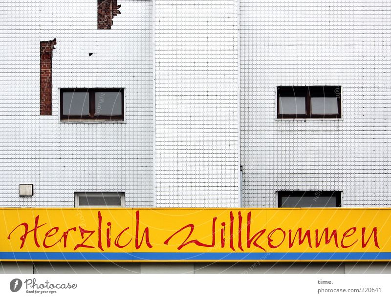 But that wouldn't have been necessary ... Exterior shot Welcome Word Letters (alphabet) Window Gray Facade Broken Cynical Central perspective dialectical Yellow