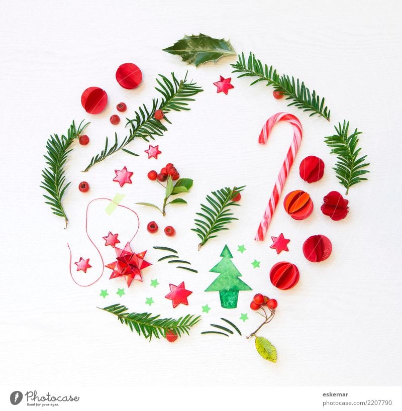 round Christmas Candy cane Decoration Feasts & Celebrations Christmas & Advent Glitter Ball Star (Symbol) Plant Tree Leaf Berries Christmas tree Fir branch