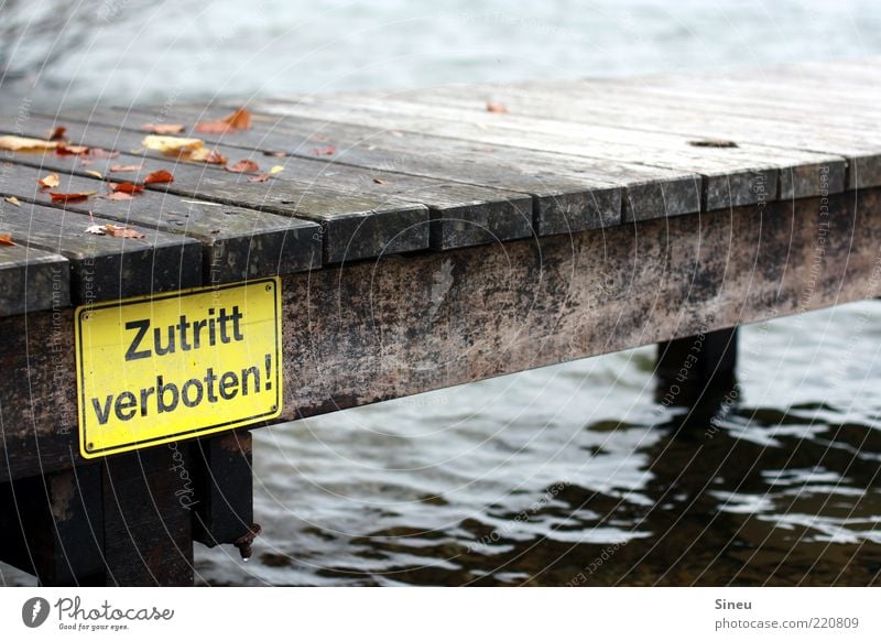 for unauthorized persons Water Autumn Cold Footbridge Jetty Signs and labeling No admittance Colour photo Exterior shot Deserted Copy Space right Copy Space top