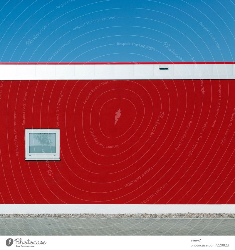 red house Sky Cloudless sky Building Wall (barrier) Wall (building) Facade Window Stone Concrete Glass Line Stripe Esthetic Authentic Simple Elegant Fresh