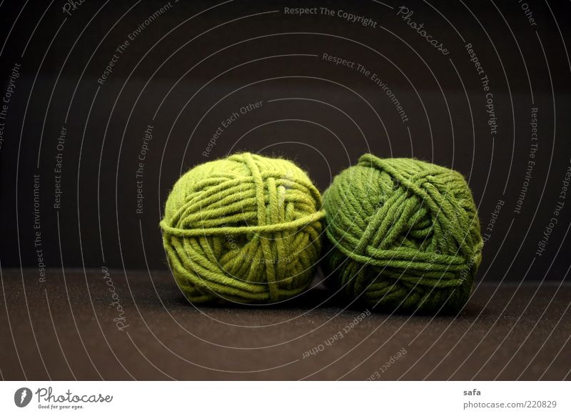 Green woolen Textiles Textile industry Simple Original Round Soft Brown Quality Wool Wooly In pairs Dark background Colour photo Interior shot Studio shot
