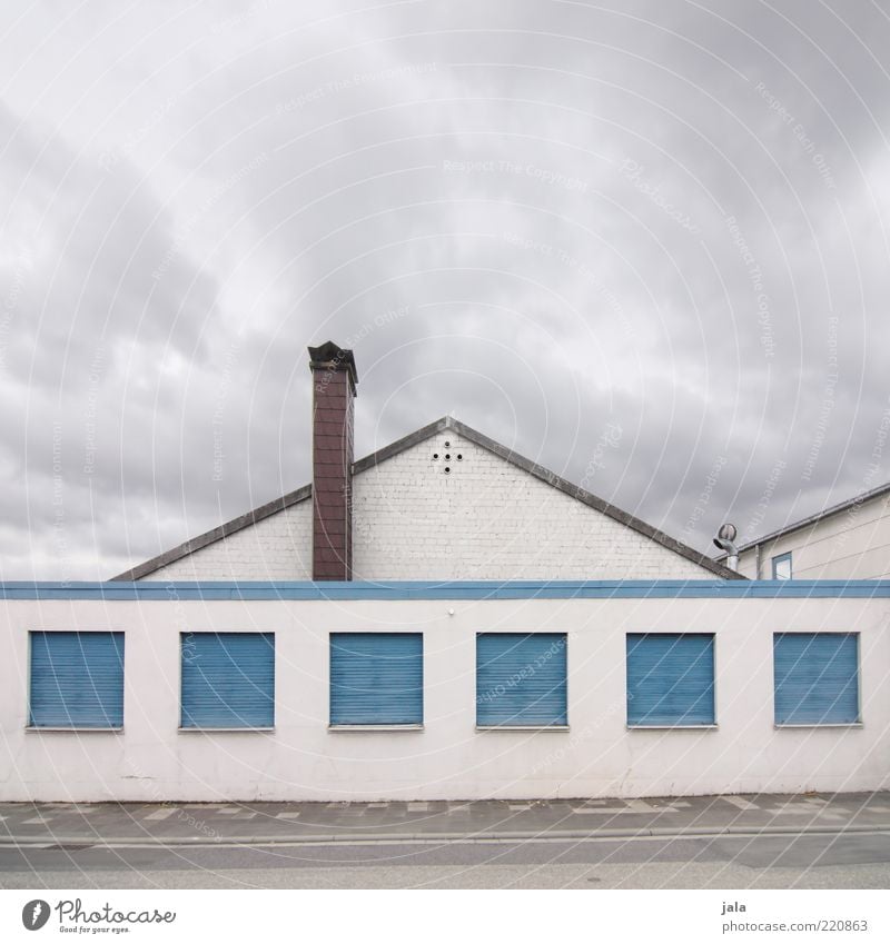 Make blue Sky Clouds House (Residential Structure) Factory Manmade structures Building Architecture Facade Window Roof Chimney Roller shutter Street