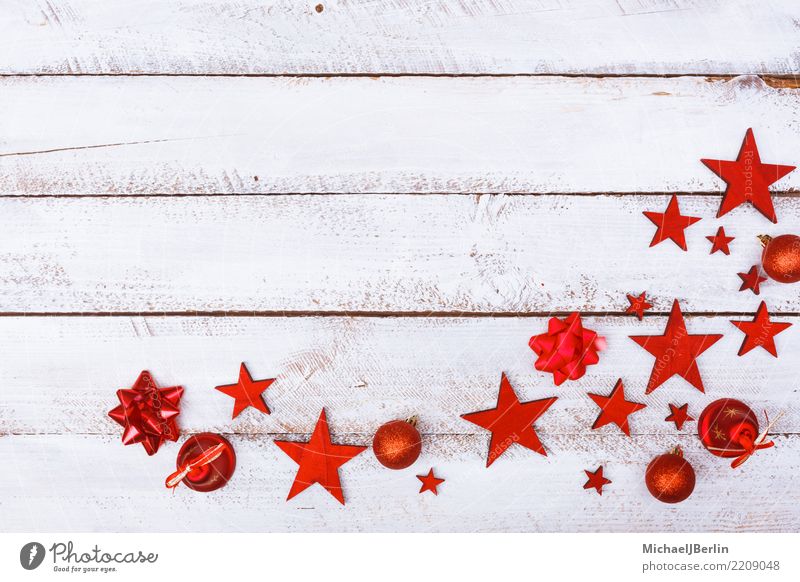 Frame of red Christmas ornaments on white table Winter Christmas & Advent Wood Red White Arranged copy space flat lay Grunge Minimal Public Holiday