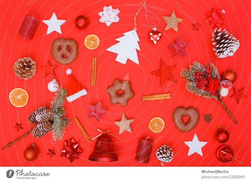 Christmas decoration and food on red background Christmas & Advent Red Decoration Eating Winter Colour Chaos flat lay Bird's-eye view Versatile Orange Cinnamon