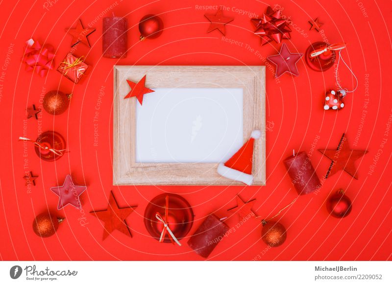Flat lay Weihachten with dominant red Winter Christmas & Advent Red Colorkey Picture frame Copy Space Frame White Empty Photography Ornament flat lay Above