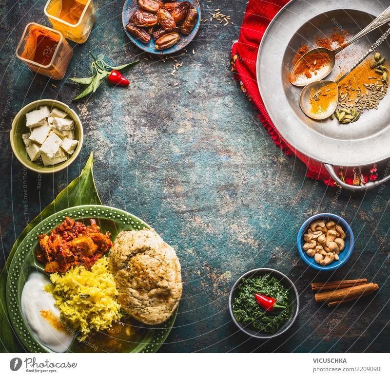 Background with Indian food Food Nutrition Lunch Dinner Organic produce Vegetarian diet Diet Asian Food Crockery Plate Bowl Spoon Restaurant Design Style