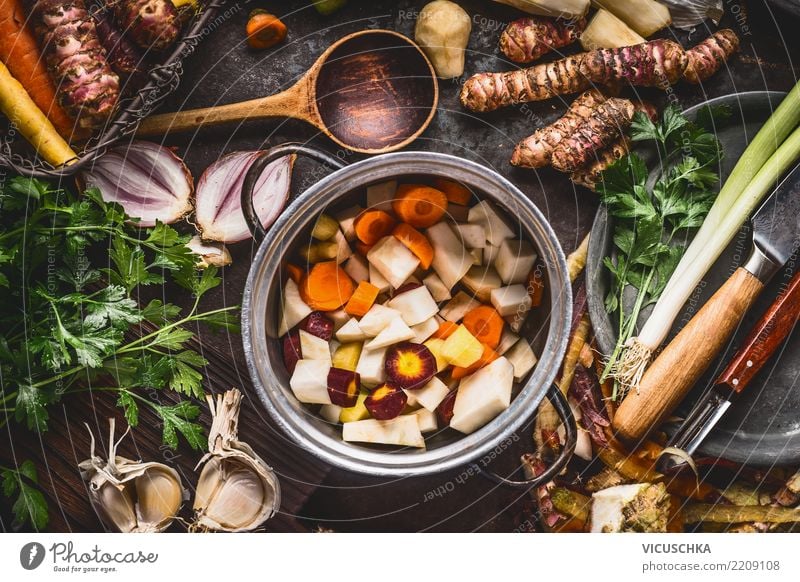 Saucepan with diced colourful root vegetables Food Vegetable Soup Stew Herbs and spices Nutrition Lunch Dinner Organic produce Vegetarian diet Diet Crockery Pot