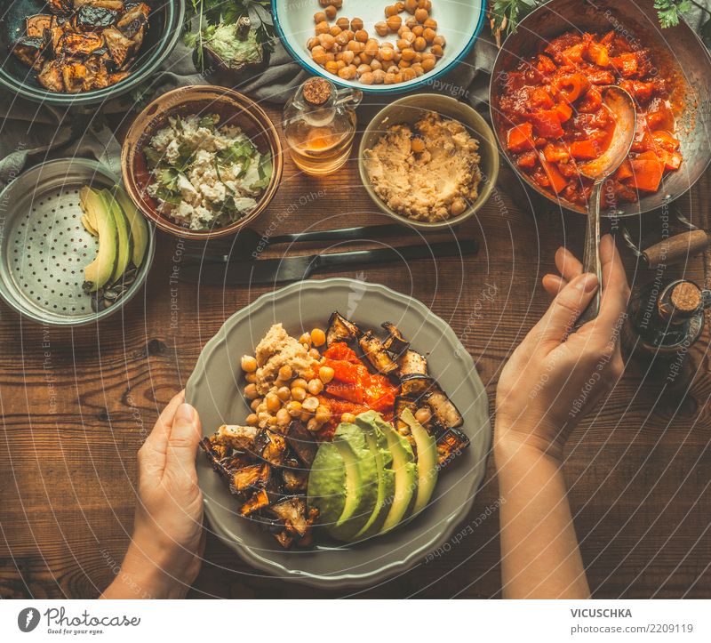 Vegetarian meal Food Vegetable Lettuce Salad Nutrition Lunch Organic produce Vegetarian diet Diet Crockery Plate Bowl Cutlery Style Design Healthy