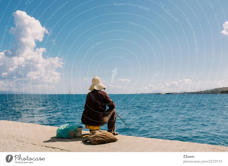I have time Beach Ocean Island Female senior Woman 45 - 60 years Adults Summer Coast Port City Hat Fishing (Angle) Observe Relaxation To hold on Sit Wait