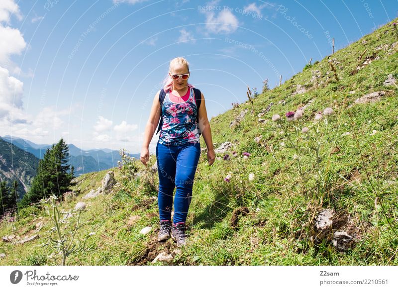 Hiking trail on the Rotwand in Bavaria Young woman Youth (Young adults) 18 - 30 years Adults Sky Summer Meadow Alps Mountain Jeans Sunglasses Hiking boots