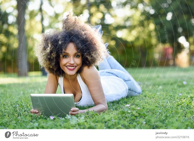 Black woman with afro hairstyle with her tablet computer Lifestyle Style Happy Beautiful Hair and hairstyles Face Summer Computer Human being Feminine