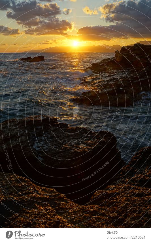 Cretan Sunrise Vacation & Travel Far-off places Freedom Nature Landscape Sky Clouds Sunset Sunlight Beautiful weather Wind Rock Mountain Coast Bay Ocean