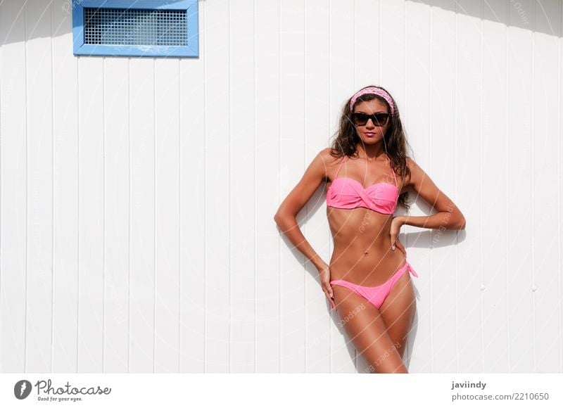 Full Body Young Woman Posing Wearing Bikini Stock Photo by