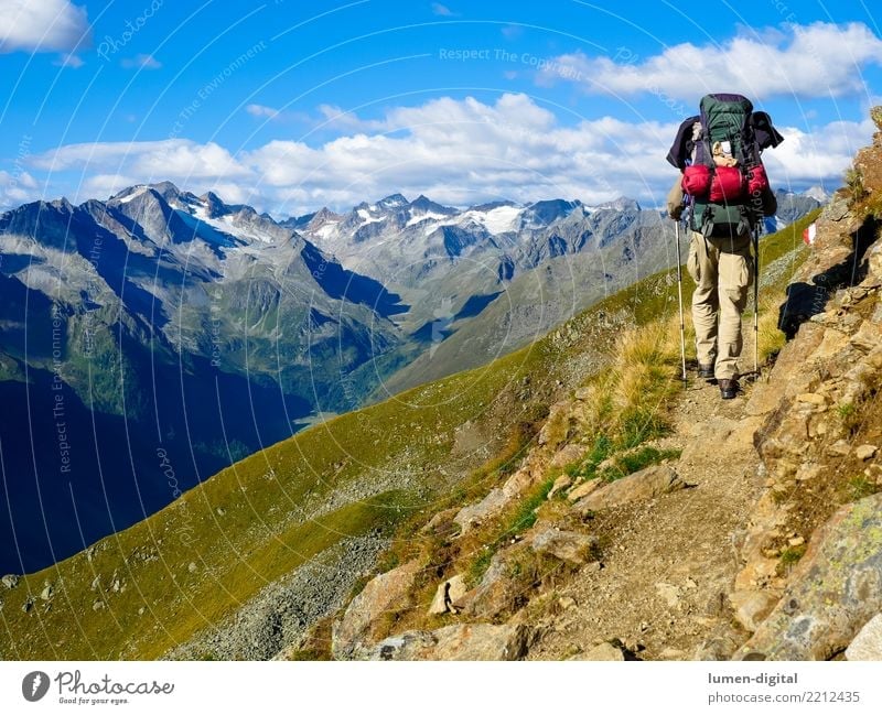 Hikers with rucksack in the mountains Tourism Adventure Freedom Camping Mountain Hiking Nature Going Walking Uniqueness Joie de vivre (Vitality) Life Mobility