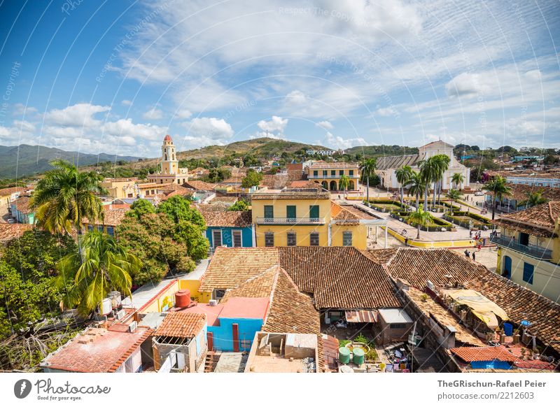Trinidad Village Town Populated Places Old Esthetic Cuba Tourism Roof House (Residential Structure) Multicoloured Blue Yellow Church Palm tree Brick Trinidade