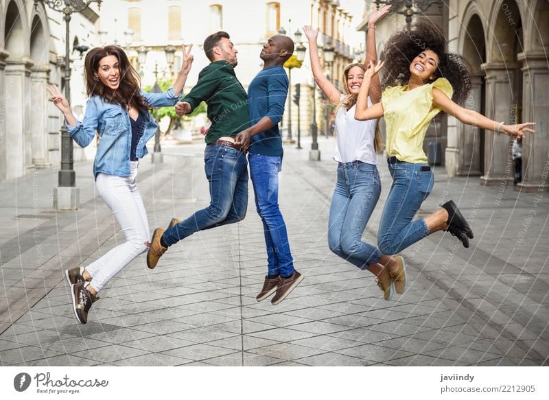 Multi-ethnic group of young people having fun together outdoors Lifestyle Joy Happy Beautiful Summer Woman Adults Man Friendship 5 Human being Group