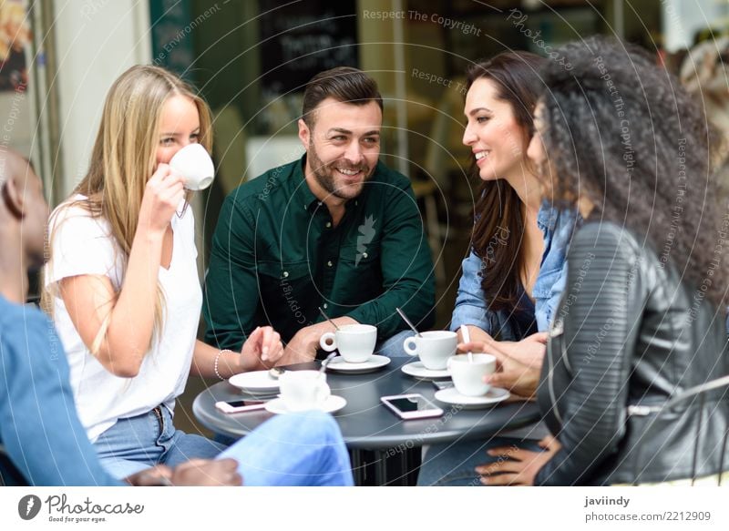 Multiracial group of five friends having a coffee together. Coffee Lifestyle Shopping Joy Happy Beautiful Summer Table Meeting Human being Masculine Feminine