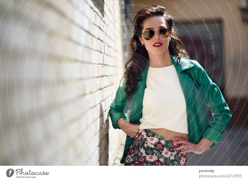 Woman with aviator sunglasses next to a brick wall Lifestyle Style Beautiful Hair and hairstyles Face Summer Human being Adults Autumn Street Fashion Jacket