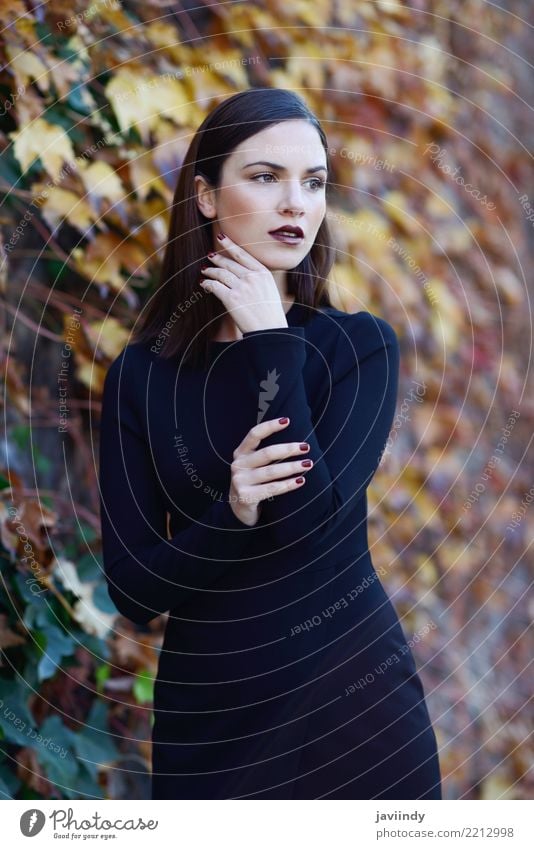 Woman wearing black dress with autumn colors at the background Lifestyle Style Happy Beautiful Hair and hairstyles Human being Adults Street Fashion