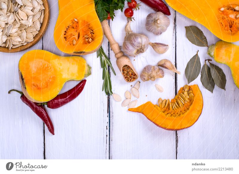 fresh pumpkin and pumpkin seeds Vegetable Herbs and spices Nutrition Eating Lunch Dinner Organic produce Vegetarian diet Diet Decoration Table Hallowe'en Nature