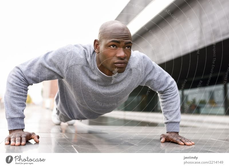 Fitness black man exercising push ups. Lifestyle Body Sports Human being Man Adults Muscular Strong Black Power african Practice athlete young training athletic