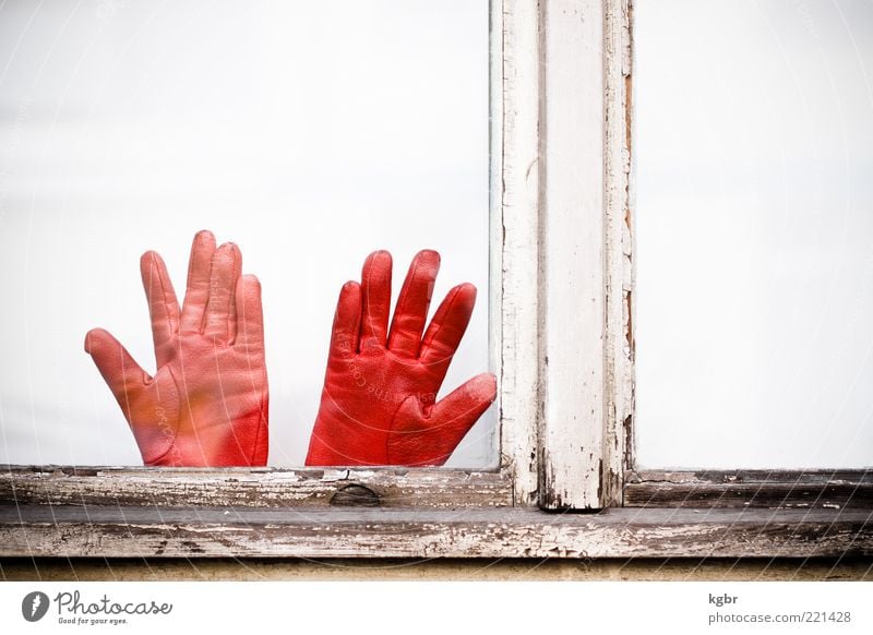 red handles Window Leather Gloves Red Colour photo Exterior shot Deserted Copy Space right Copy Space top Day Window frame Wood Flake off Old Weathered